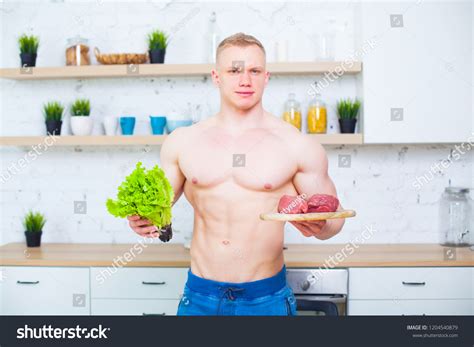 Muscular Man Naked Torso Kitchen Salad Stock Photo 1204540879 Shutterstock