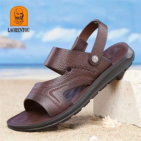 Laorentou Mens Open Toe Genuine Leather Outdoor Casual Sandals Spring And Summer Mens Shoes