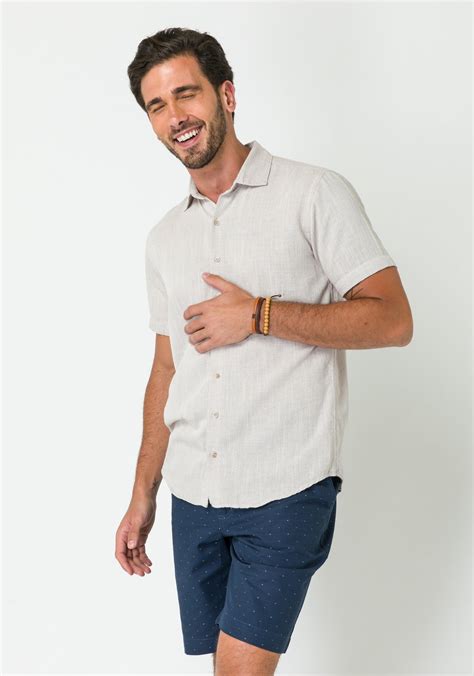 Camisa Casual Masculina Slim Linho Manga Curta Rose Delucca Clássico