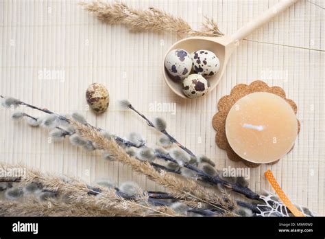 Easter Bouquet Flowers Pussy Willow And Easter Eggs Of Quail Stock Photo Alamy