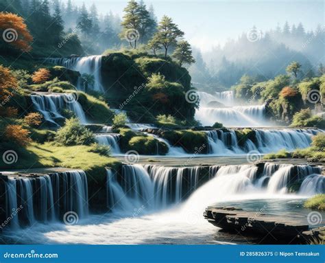 Waterfalls In Motion Incorporate A Foreground Element Made With