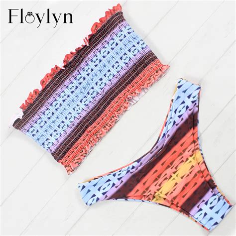 Floylyn Strapless Checkered Shirred Bikini Smocked Bandeau Bikini