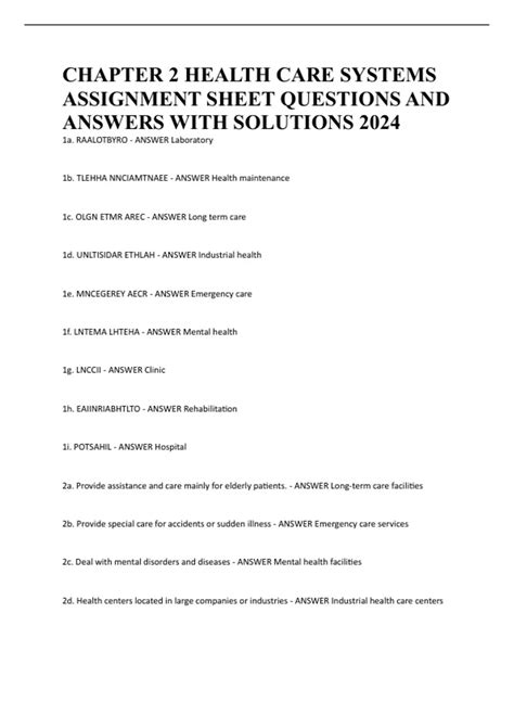 CHAPTER 2 HEALTH CARE SYSTEMS ASSIGNMENT SHEET QUESTIONS AND ANSWERS