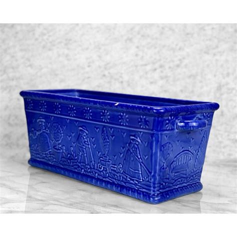 Vintage Farmhouse Country Cobalt Blue Porcelain Amish Motif Window Box