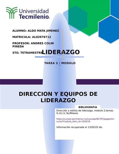 Tarea 2 TAREA 2 MODULO 2 LIDERAZGO DIRECCION Y EQUIPOS DE LIDERAZGO