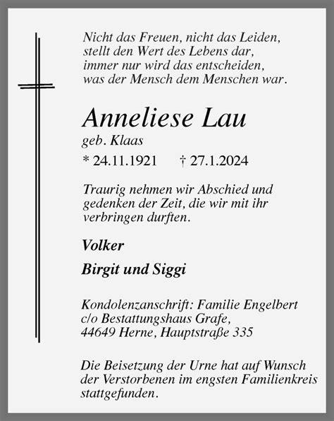 Traueranzeigen Von Anneliese Lau Trauer In Nrw De