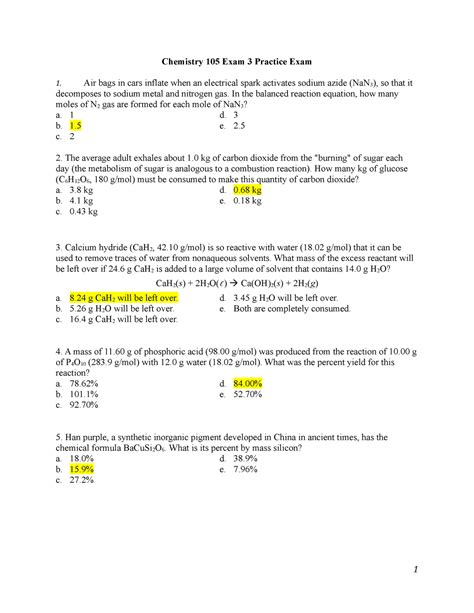 Exam 3 Practice 2021 KEY Chemistry 105 Exam 3 Practice Exam 1 Air