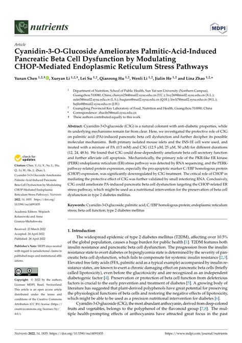 PDF Cyanidin 3 O Glucoside Ameliorates Palmitic Acid Induced