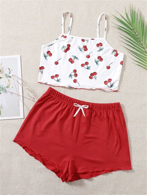 Cherry Print Cami Top And Bow Detail Shorts Pj Set Cute Lounge Outfits