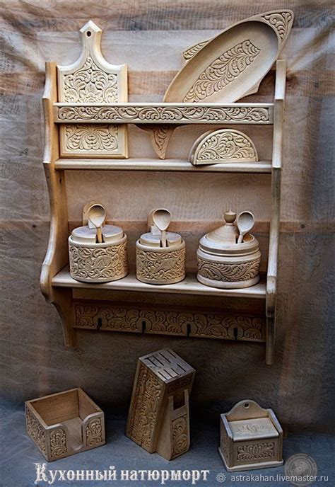 a wooden shelf filled with dishes and containers