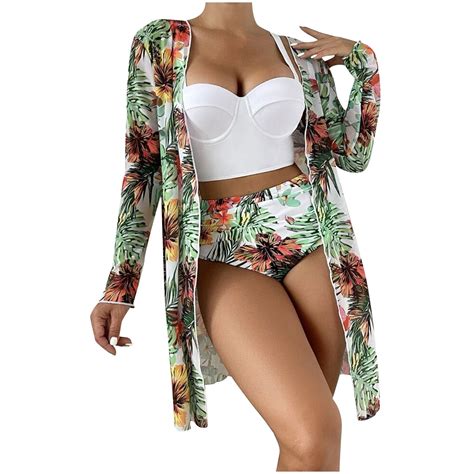 Wreesh Womens Piece Swimsuits Tropical Print Bikini Set With Kimono Beach Cover Ups Printed