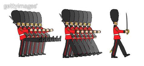 a festive military parade, marching royal guardsmen in fur hats, a detachment of London guards ...