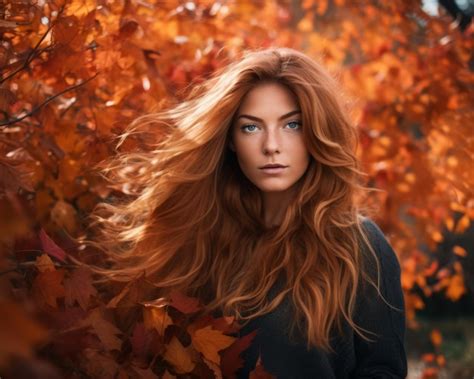 Premium AI Image | beautiful woman with red hair in autumn leaves