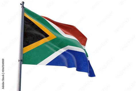 South Africa Flag Waving On Pole With White Isolated Background