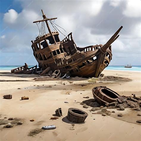 Premium AI Image | Wrecked pirate ship on a beach And some debris on