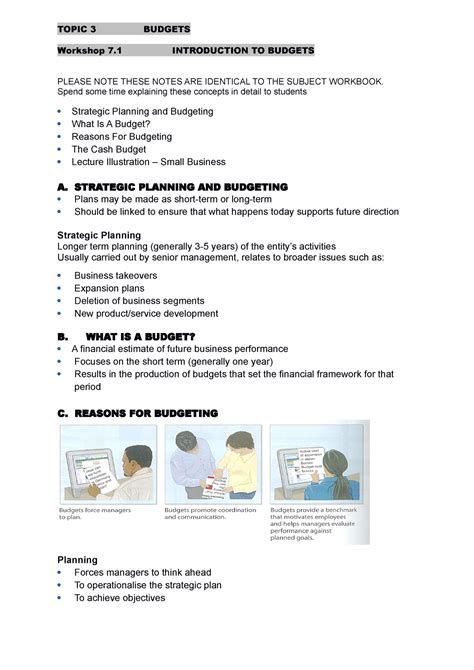 Week Topic Workshop Topic Budgets Workshop Introduction To