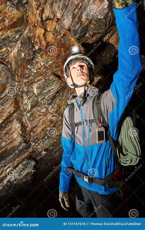 Cave Exploration With Helmet And Headlight Stock Photo Image Of