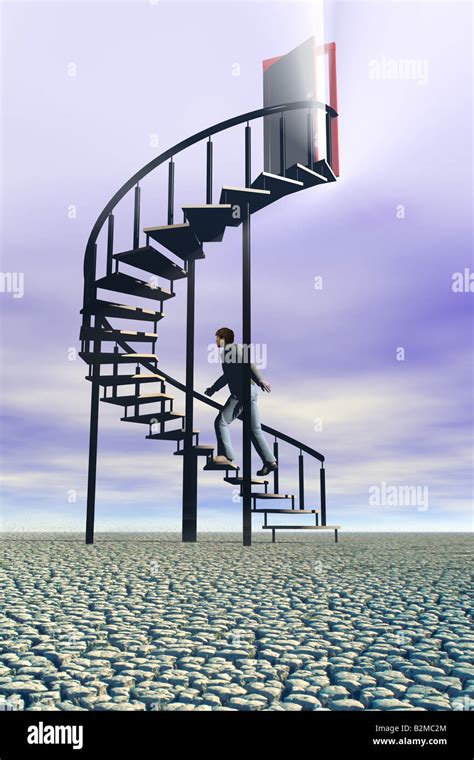 A Man Climbs A Spiral Staircase Leading Upward To A Doorway Into The