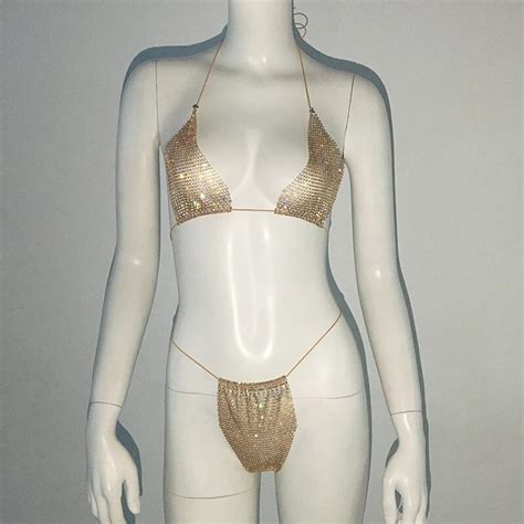 Fishnet Glitter Rhinestone Bikini Set Women Mesh Beach Sexy Thong Rave