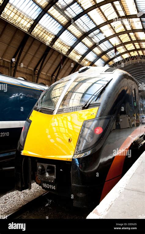 Front Of A Passenger Train In Grand Central Livery Waiting At London Kings Cross Railway