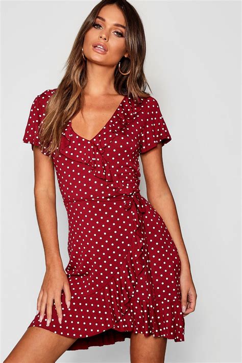 Polka Dot Wrap Front Ruffle Tea Dress Boohoo Tea Dress Bodycon