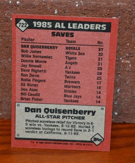 Baseball Card Topps Kansas City Royals Dan Quisenberry All Star Ebay