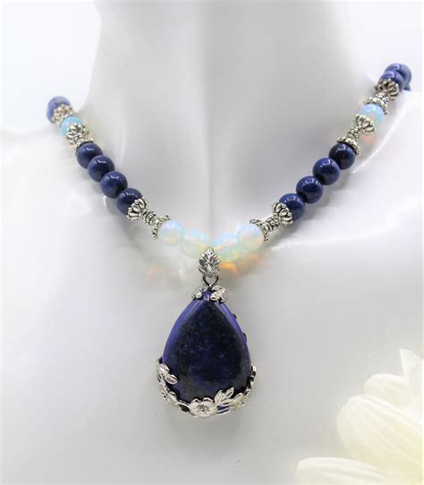 Lapis Lazuli Pendant Beaded Necklace Moonstone Accents Necklace Blue And Silver Statement