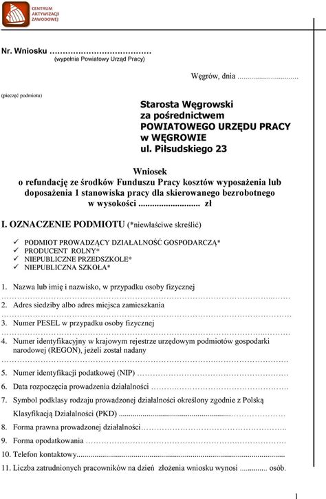 Wniosek o refundację ze środków Funduszu Pracy kosztów wyposażenia lub