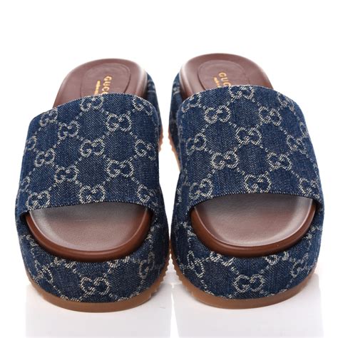 Gucci Denim Jacquard Gg Monogram Platform Slide Sandals 365 Dark Blue Ivory 721888 Fashionphile