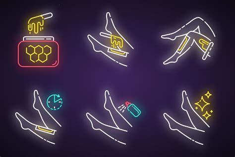 Shin Waxing Neon Light Icons Set Leg Hair Removal With Natural Honey Hot Wax Strips Process