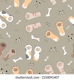 Seamless Pattern Kawaii Cute Cats Footprint Stock Vector Royalty Free