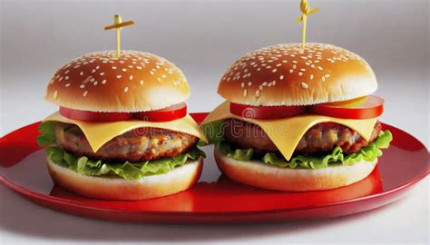 Layered Illusions Photorealistic Hamburgers On A Red Plate Stock