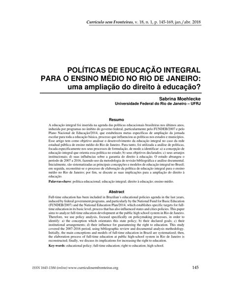 Pdf Pol Ticas De Educa O Integral Para O Ensino M Dio No Rio De