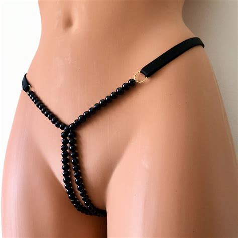Black Pearl Lingerie T Double String With Black Glass Beads Etsy