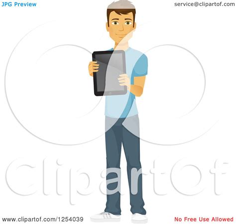 Clipart Of A Casual Brunette Caucasian Man Holding Out A Tablet