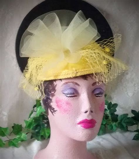 Yellow Fascinator Vintage Ladies Hat With Veil And Large Bow Yellow