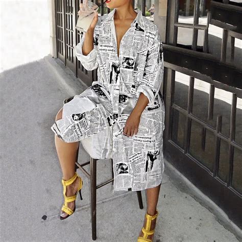 Newspaper Print Long Sleeve Shirt Dress Women Turn Down Collar Button