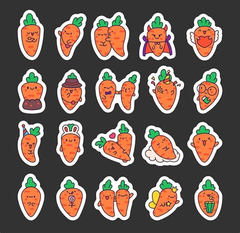 Premium Vector Kawaii Carrot With Funny Faces Sticker Bookmark Cute