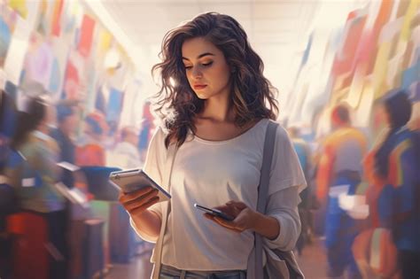 Premium AI Image Brunette Woman In The Supermarket With Many Of Packages And Phone In Hands