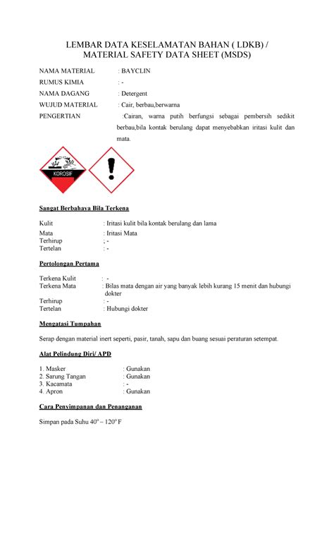 MSDS Bayclin Link LEMBAR DATA KESELAMATAN BAHAN LDKB MATERIAL