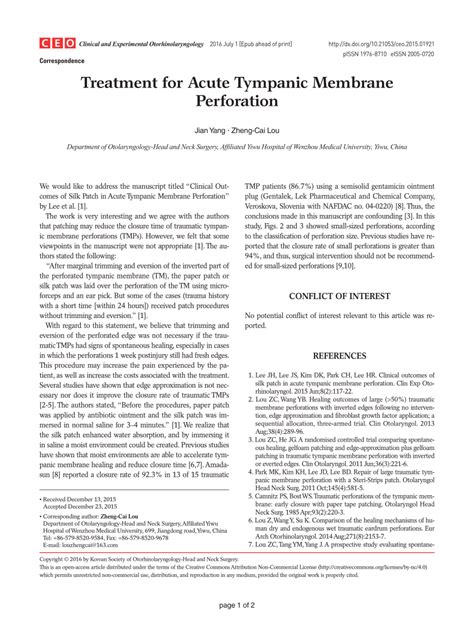 (PDF) Treatment for Acute Tympanic Membrane Perforation