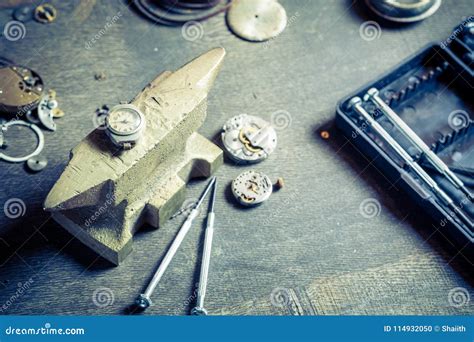 Watchmakers Workshop And Small Watch To Repair Stock Photo Image Of