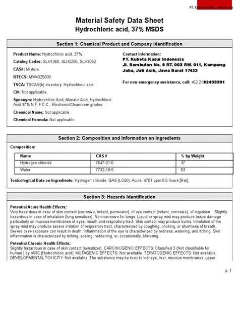 Pdf Material Safety Data Sheet Hydrochloric Acid Msds 42 Off