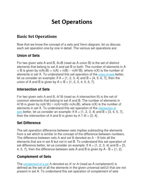 Set Operations | PDF | Set (Mathematics) | Abstract Algebra