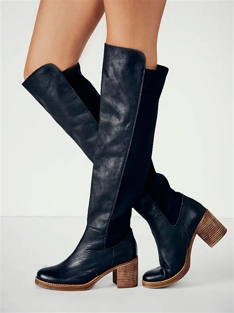 New Winter Women Black Round Toe Square Heel Slip On Knee High Boots