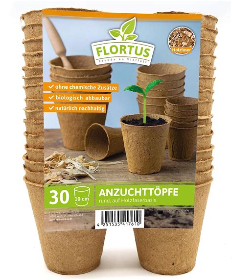 FLORTUS 10 cm Anzuchttöpfe rund auf Holzfaser Basis 30 Stück