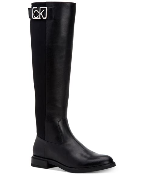 Calvin Klein Womens Ada Dress Boots Black Leather Black Boots Tall