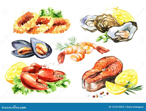 Cooked Seafood Composition Set With Salmon Squid Crab Mussels Oysters Shrimp Lemon And