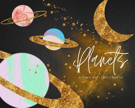 Gold Glitter Watercolour Planets Clipart, PNG Cosmic Galaxy Clip Art ...