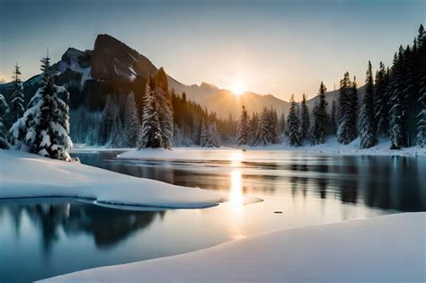 Premium AI Image | a winter sunrise over a mountain lake